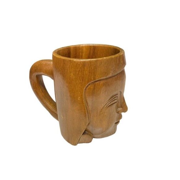 Tiki Type Inspired Wooden Carved Mug Boho Tribal Face Handle Vintage Bar Cup Mug - Picture 3 of 12